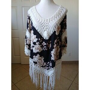 Crochet Fringe V Neck M  short‎ Sleeve Peasant Top Floral Tassels Lace Bohemian